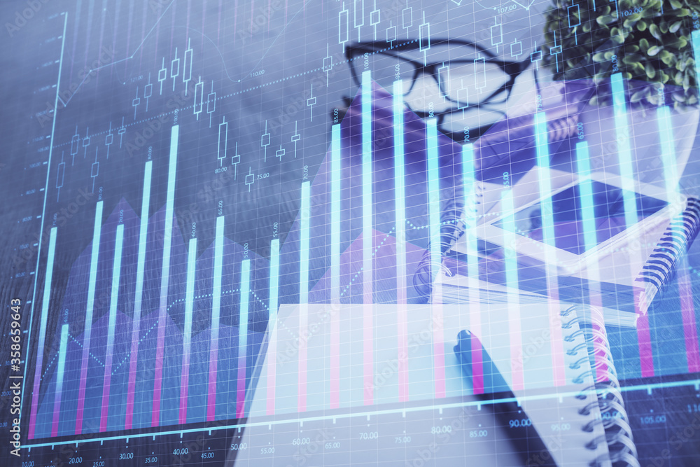 Double exposure of forex chart drawing and cell phone background. Concept of financial trading Double exposure of forex chart drawing and cell phone background. Concept of financial trading
