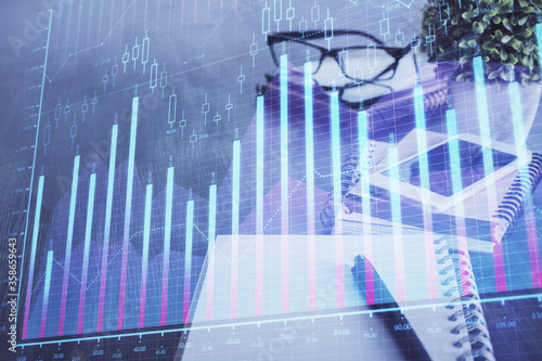 Double exposure of forex chart drawing and cell phone background. Concept of financial trading © peshkova