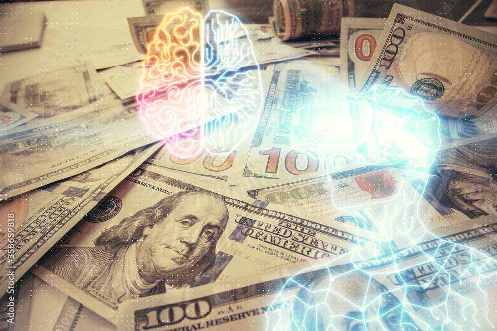 Double exposure of man wearing VR glasses drawing over usa dollars bill background. Concept of virtual reality. Double exposure of man wearing VR glasses drawing over usa dollars bill background. Concept of virtual reality.