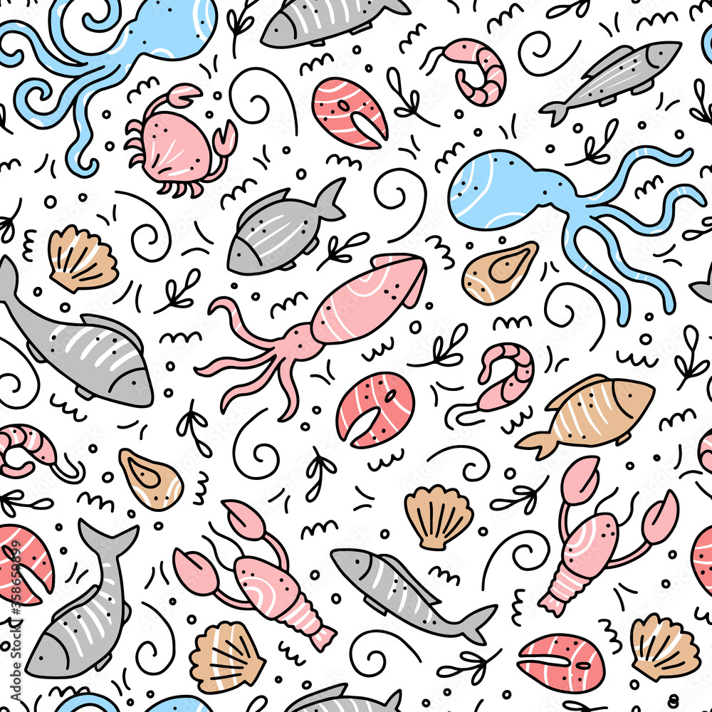 Hand drawn seamless pattern of seafood elements, fish, lobster, oyster, octopus, shrimp. Doodle sketch style. Sea food element drawn by dogital pen. Vector illustration for icon, menu, recipe design. Hand drawn seamless pattern of seafood elements, fish, lobster, oyster, octopus, shrimp. Doodle sketch style. Sea food element drawn by dogital pen. Vector illustration for icon, menu, recipe design.