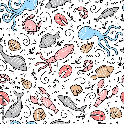 Hand drawn seamless pattern of seafood elements, fish, lobster, oyster, octopus, shrimp. Doodle sketch style. Sea food element drawn by dogital pen. Vector illustration for icon, menu, recipe design.