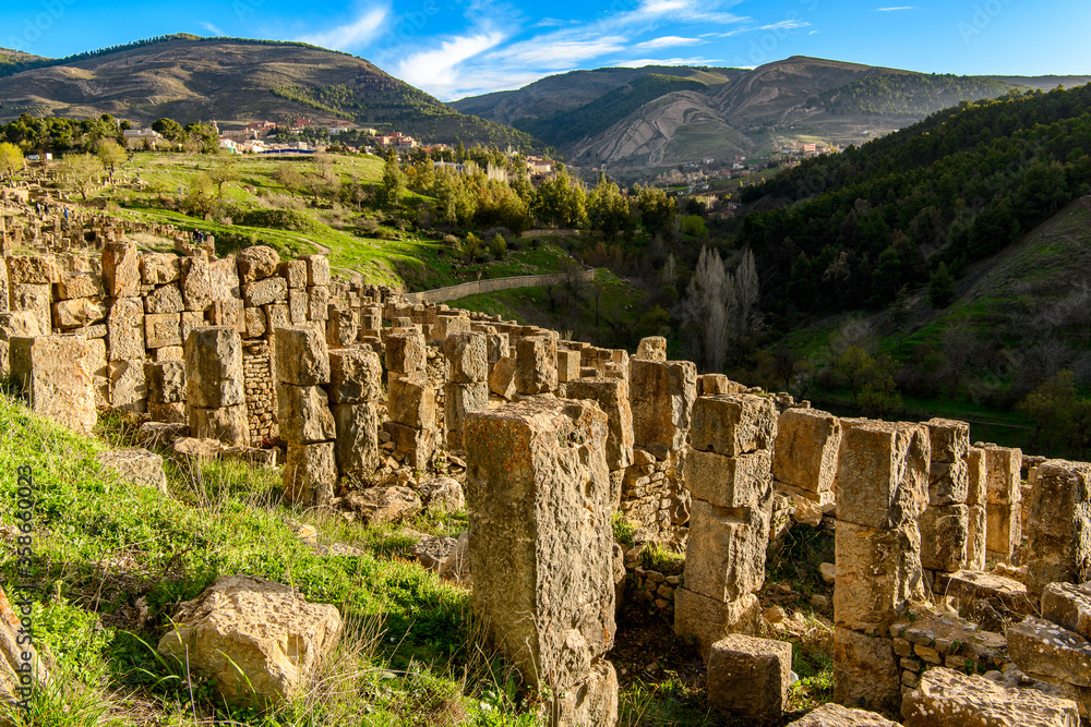 Columns of Djemila, the archaeological zone of the well preserved Berber-Roman ruins in North Africa, Algeria. UNESCO World Heritage Site