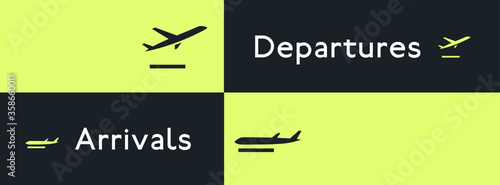 Departures and arrivals icon set, airport navigation pictograms. Airplanes taking off and landed. 2 types of aircraft position.