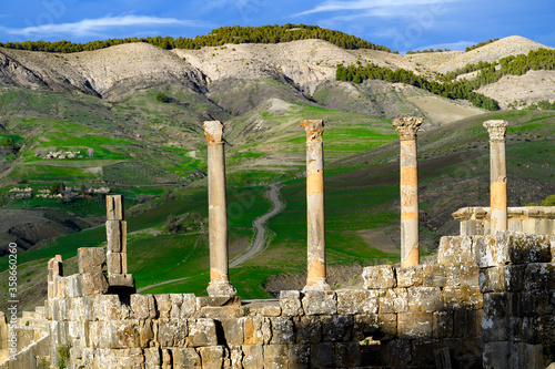 Columns of Djemila, the archaeological zone of the well preserved Berber-Roman ruins in North Africa, Algeria. UNESCO World Heritage Site photo