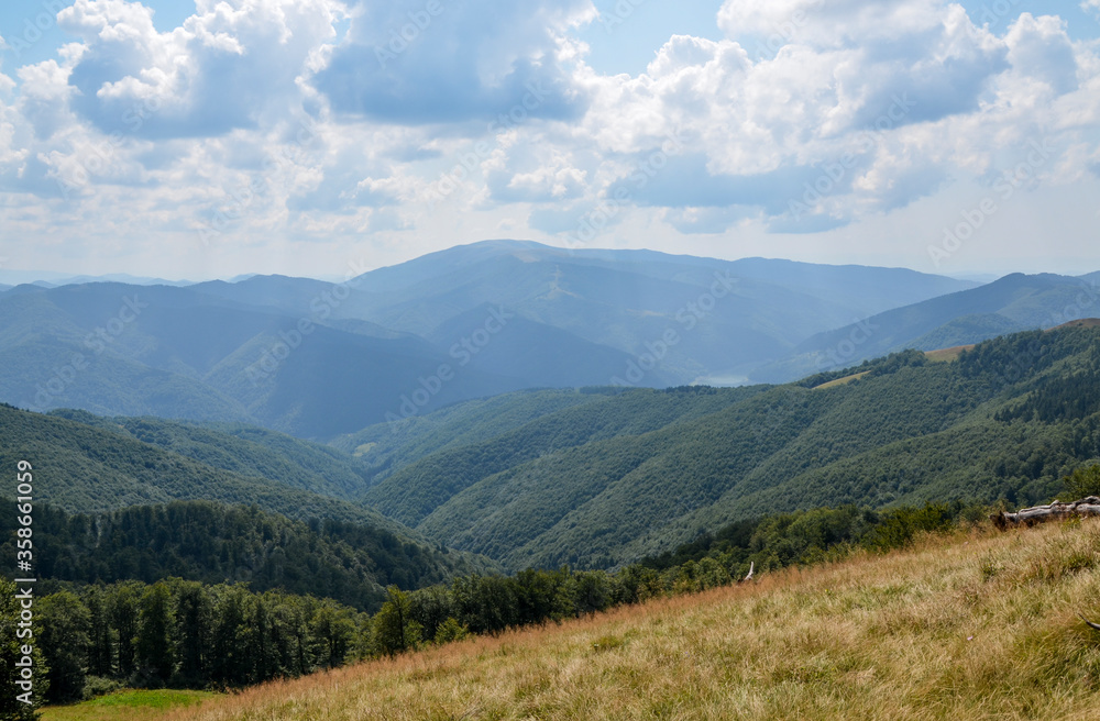 Summer landscape with meadow, green hills and reservoir under blue sky above the Ukrainian Carpathian Mountains 