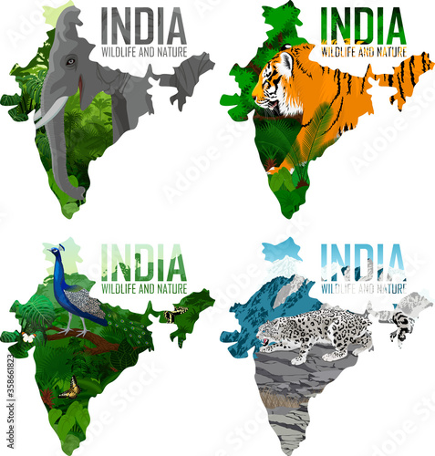 vector India map with indian elephant,  male peacock peafowl,  tiger and  snow leopard
