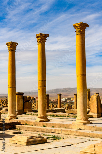 Columns of Timgad, a Roman-Berber city in the Aures Mountains of Algeria. (Colonia Marciana Ulpia Traiana Thamugadi). UNESCO World Heritage Site