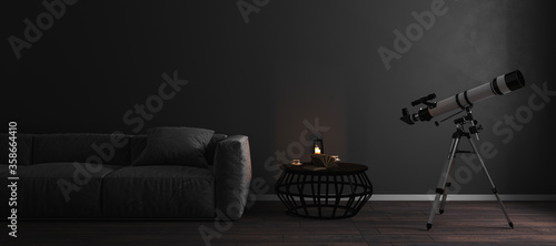 Telescope near window in stylish dark luxury room interior background with fray sofa, mock up, astronomy concept, 3d rendering 