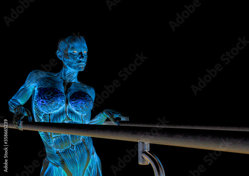 muscle woman doing a gymnastic on parralel bars in white background close up