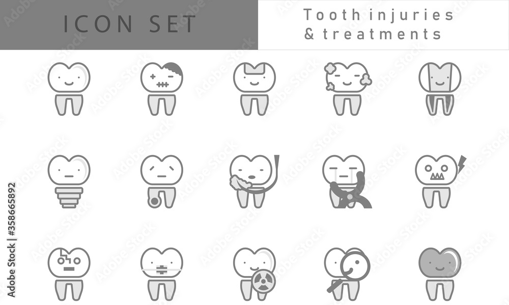 Flat design icon set, tooth injuries and treatments Flat design icon set, tooth injuries and treatments