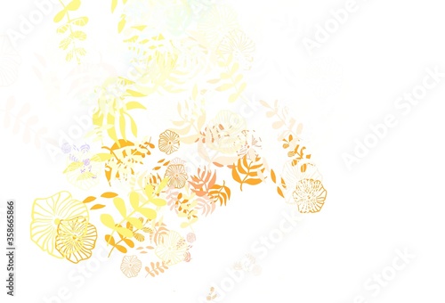 Light Blue, Yellow vector doodle pattern with leaves, flowers.