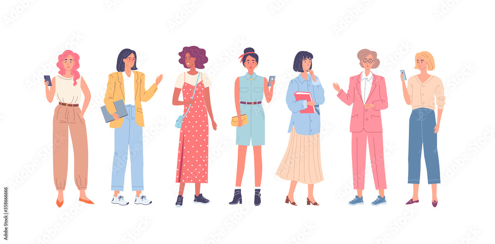 Obraz premium Different beautiful women cartoon characters vector illustration