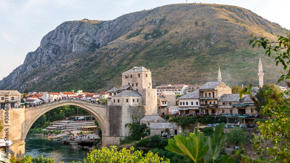 Mostar, Bosnia and Herzegovina. View of the city and the old bridge.