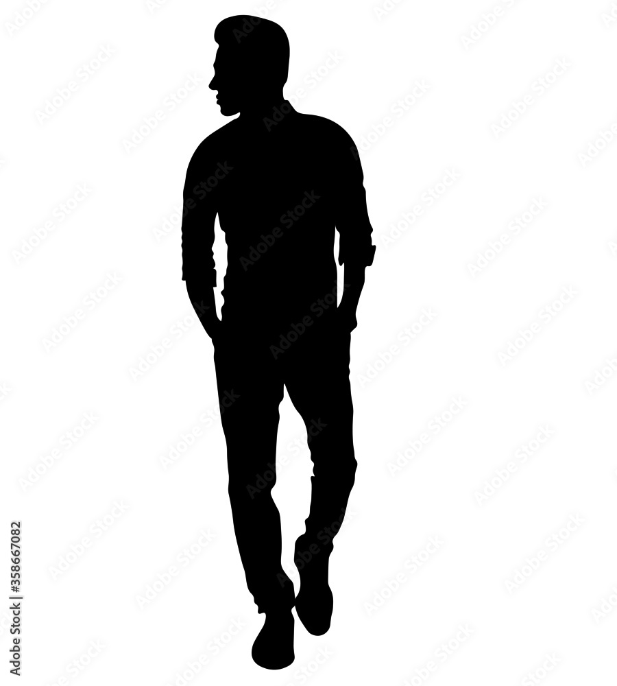 Man with hands in pockets, black illustration,male profile picture, silhouette. Of the page. Profile, black illustration, fashion and business	
