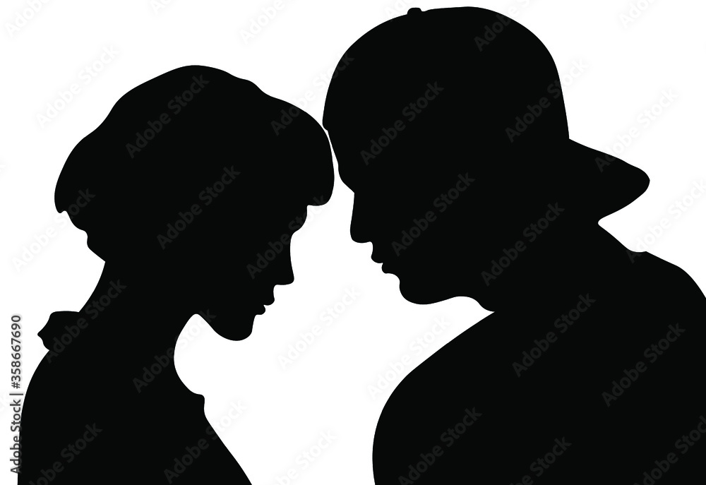 A couple in love, a boy with a girl, a woman with a man. A woman with short hair, a man in a baseball cap, love,male profile picture, silhouette. Of the page	