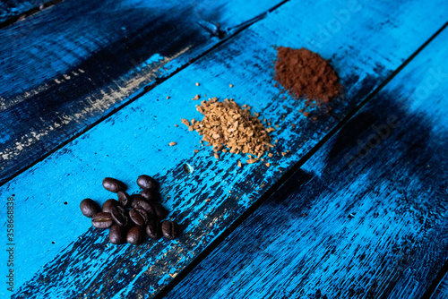 coffee beans ground coffee turkish coffee espresso on top view blue wooden table