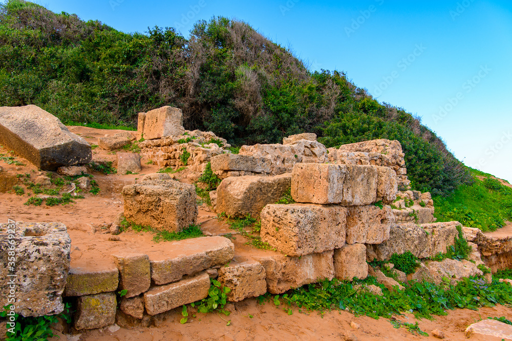 Mediterranean sea coast of Tipasa, a colonia in Roman province Mauretania Caesariensis, nowadays Algeria. UNESCO World Heritage Site