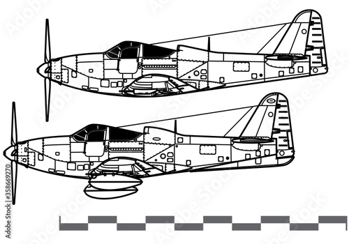 Bell P-63A-C Kingcobra. World War 2 fighter aircraft. Side view. Image for illustration and infographics.