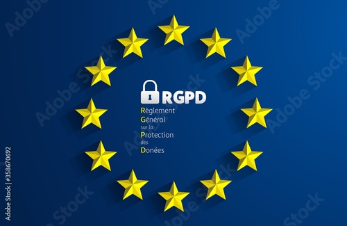 RGPD - French: Reglement general sur la protection des donnees means: GDPR - General Data Protection Regulation. EU flag. Vector illustration