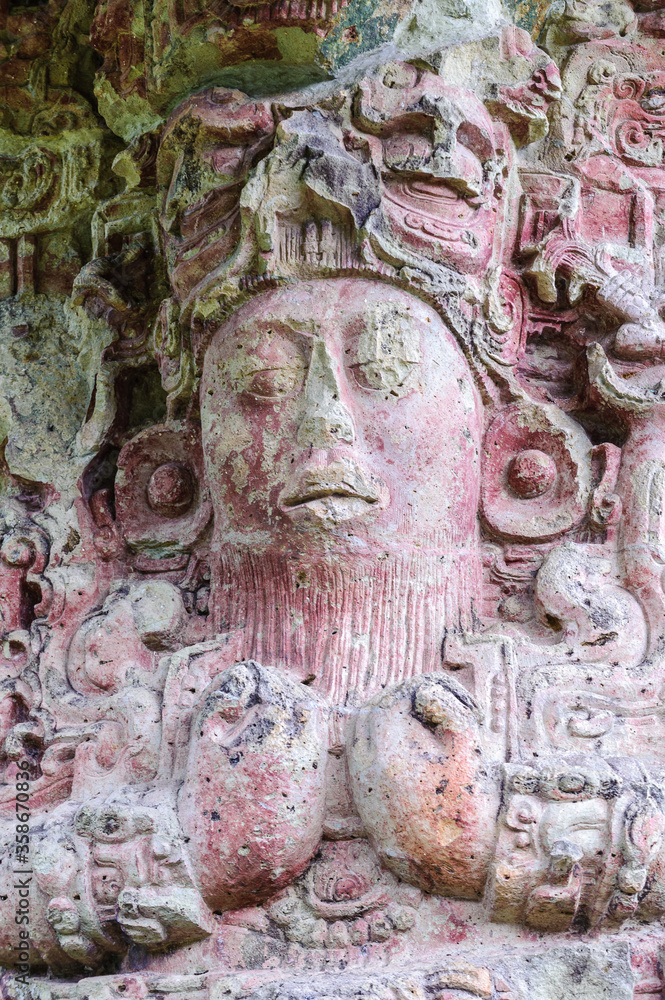 It's Close view of the one of the gods of Maya Civilization, Copan, an archaeological site of the Maya civilization, Honduras