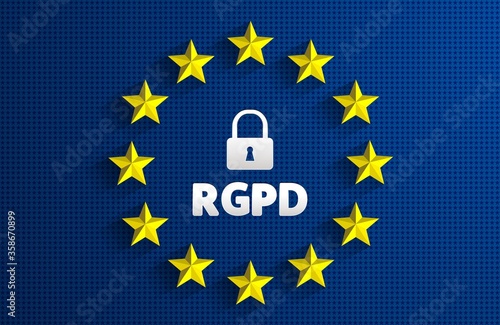 RGPD - French: Reglement general sur la protection des donnees means: GDPR - General Data Protection Regulation. EU flag. Vector illustration