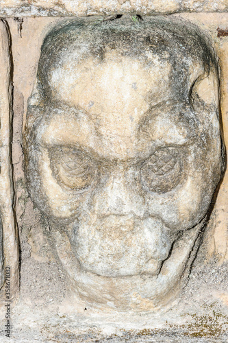 It's Sculpted head stone at Copan Ruins, UNESCO World Heritage Site, Honduras, Central America