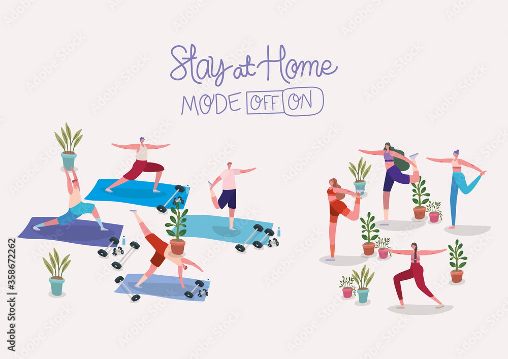 Women and men cartoons doing exercise design of Stay at home and activities theme Vector illustration Women and men cartoons doing exercise design of Stay at home and activities theme Vector illustration