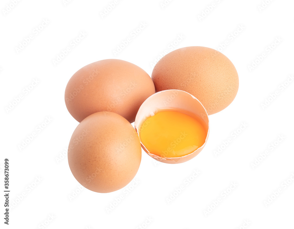 three eggs and broken raw egg isolated three eggs and broken raw egg isolated
