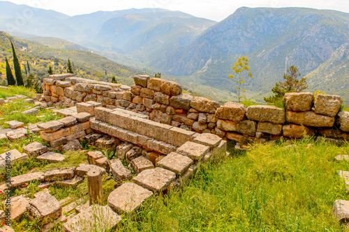 It's Delphi, an archaeological site in Greece, at the Mount Parnassus. Delphi is famous by the oracle at the sanctuary dedicated to Apollo. UNESCO World heritage photo