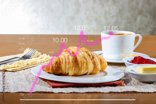 Breakfast with Croissants and a cup of coffee, accompanied by a newspaper. Croissants with strawberry jam and butter, isolated info charts influence consumption and health.