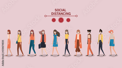 Social distancing between girls with masks design of Covid 19 virus theme Vector illustration