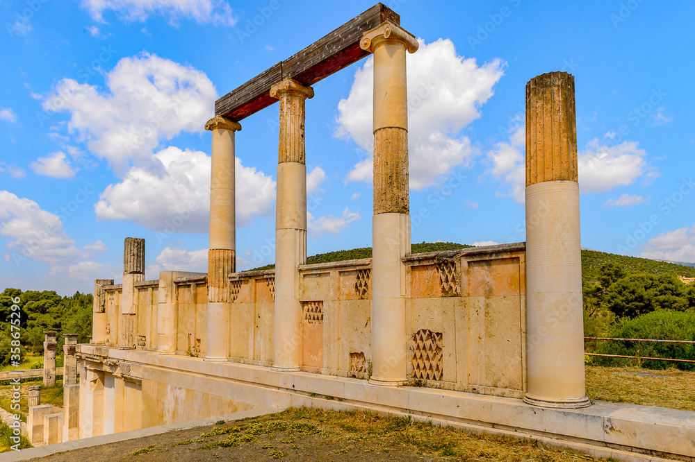 It's Colums of Abaton of Epidaurus, Peloponnese, Greece. Sanctuary of Asclepius at Epidaurus. UNESCO World Heritage