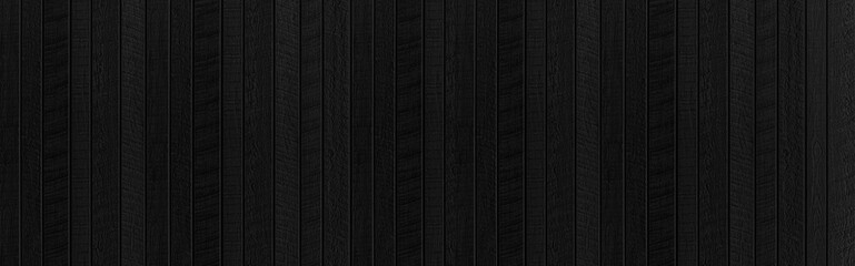 Panorama of Black wood texture background. Abstract dark wood texture on black wall. Aged wood plank texture pattern in dark tone