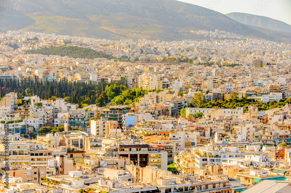 It's Aerial view of houses in Athens, the capital of Greece.