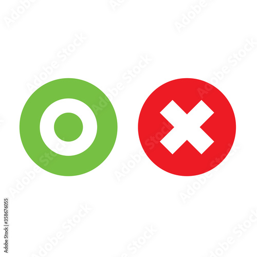 Shiny O and X round shape icons, simple green circle & red cross signs infographic flat design pictogram vector for app web banner button ui ux interface elements isolated on white background