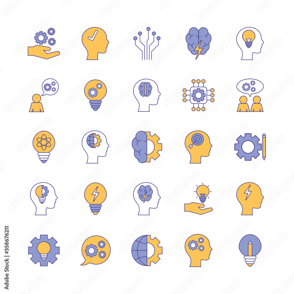 line and fill style icon set design, Innovation idea and creativity theme Vector illustration line and fill style icon set design, Innovation idea and creativity theme Vector illustration