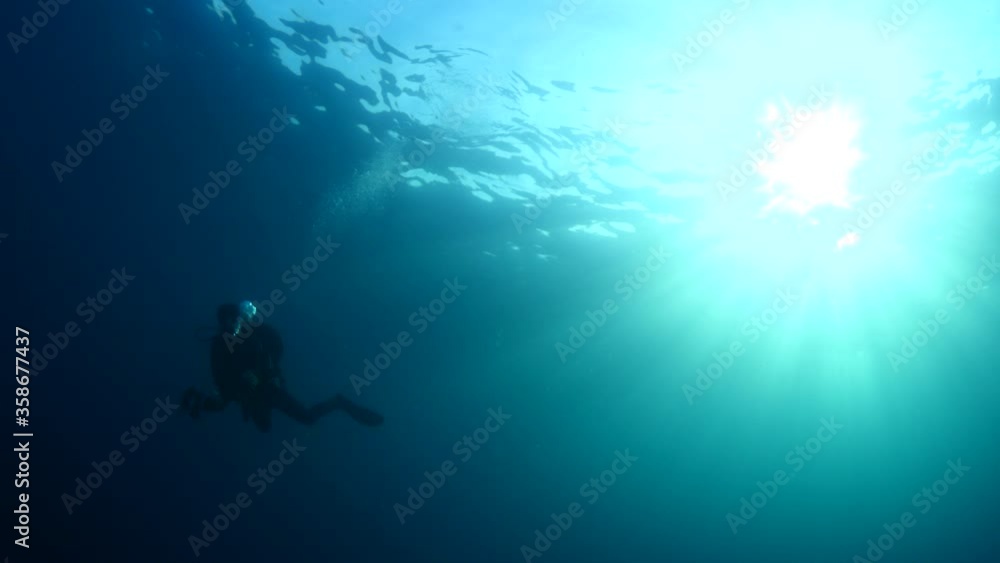 photographer underwater scuba diver with sun beams sun rays and sun shine underwater silhouette man in ocean scenery photographer underwater scuba diver with sun beams sun rays and sun shine underwater silhouette man in ocean scenery