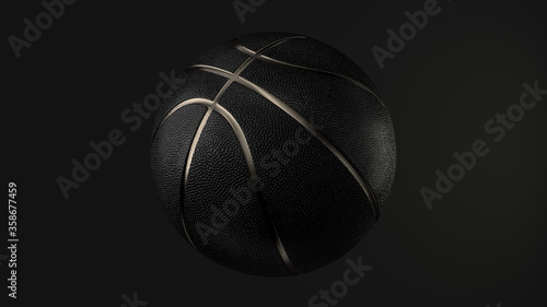 Black Basketball with Gold Metallic Line Design on dark Background. Futuristic sports concept. Close-up isolated sphere ball with dots. View front. 3D rendering © MIKHAIL
