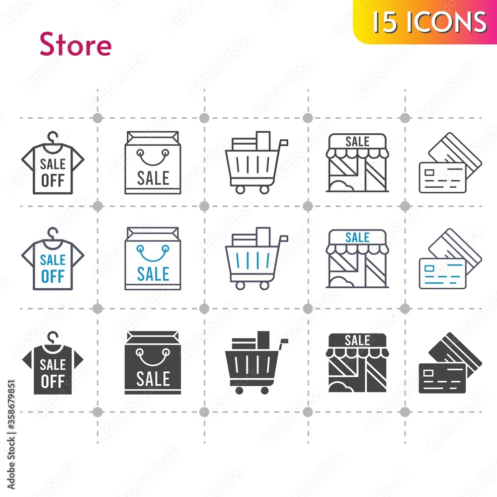 store icon set. included shopping bag, shirt, shop, shopping cart, credit card icons on white background. linear, bicolor, filled styles. store icon set. included shopping bag, shirt, shop, shopping cart, credit card icons on white background. linear, bicolor, filled styles.