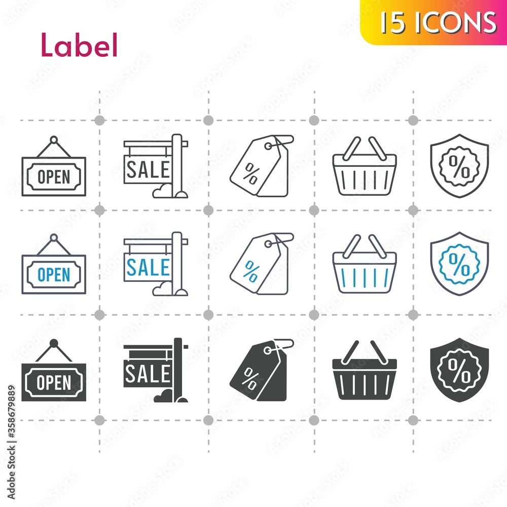 label icon set. included sale, price tag, warranty, shopping-basket, open, shopping basket icons on white background. linear, bicolor, filled styles.
