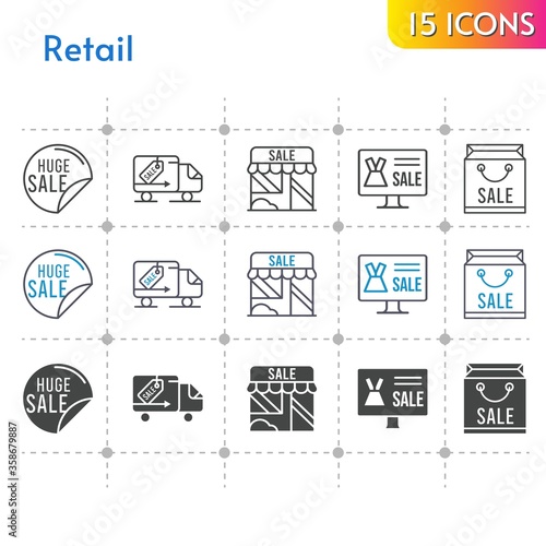 retail icon set. included online shop, shopping bag, sale, shop, delivery truck icons on white background. linear, bicolor, filled styles.
