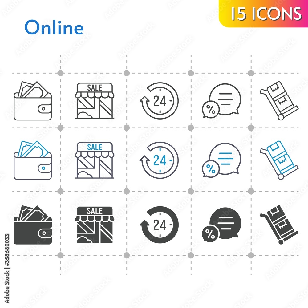 online icon set. included 24-hours, wallet, shop, chat, trolley icons on white background. linear, bicolor, filled styles.