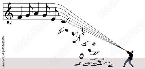 A man pulls on the lines of a musical staff knocking notes off the staff and onto the ground as he tries to download music.