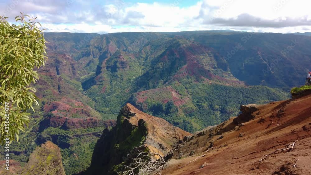 4K Hawaii Kauai boom up and pan right to left of Waimea Canyon with a tree in left foreground with partly cloudy sky 4K Hawaii Kauai boom up and pan right to left of Waimea Canyon with a tree in left foreground with partly cloudy sky