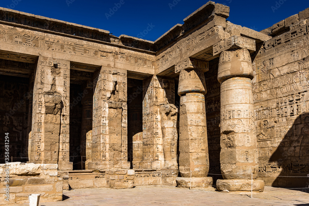 It's Inetrior columns of the Medinet Habu (Mortuary Temple of Ramesses III), West Bank of Luxor in Egypt. It's Inetrior columns of the Medinet Habu (Mortuary Temple of Ramesses III), West Bank of Luxor in Egypt.