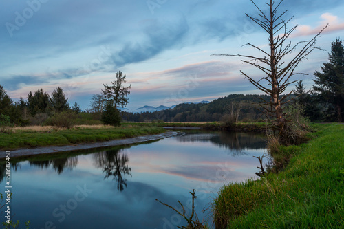 Beautiful river landscape in sunset. Clouds and trees reflect in a calm water. Location is Tillamook river, Oregon, USA photo