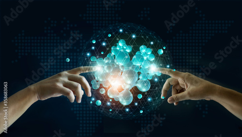 Businessman touching abstract global network connection on structure networking and data exchanges customer connection on dark background, Network and communication of business, 3D render.