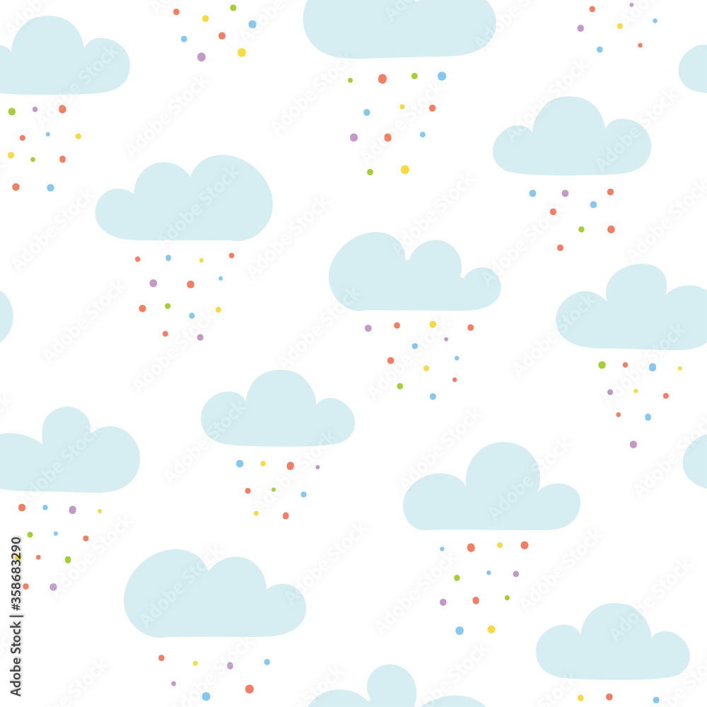 Seamless pattern with blue clouds and colorful rain drops on white background. Seamless pattern with blue clouds and colorful rain drops on white background.