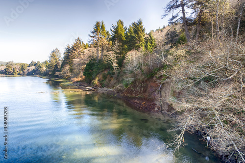 River landscape in sunny day. Siletz river in Oregon