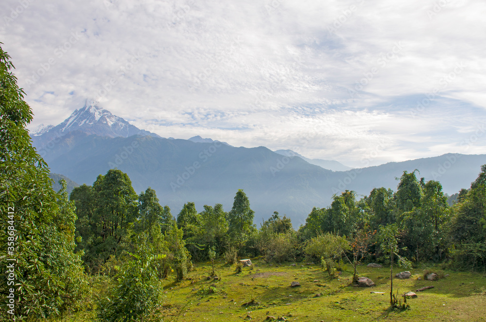 The peaks of the mountains of Nepal among the trees are the landscape of the Himalayas
